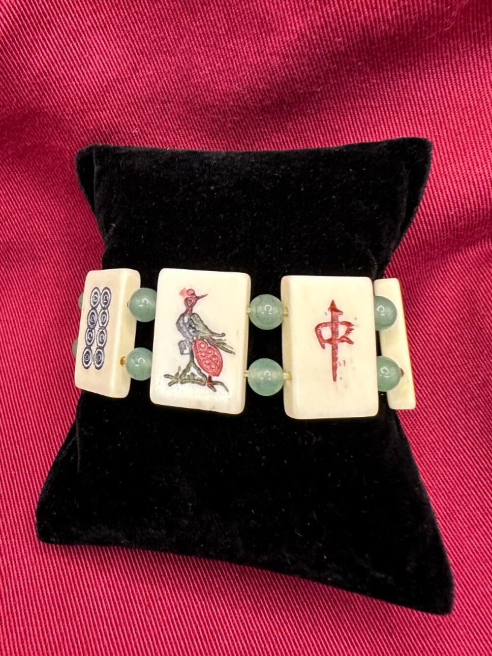 VTG Asian MahJong Tile Bracelet Jade-Tone/Aventurine Beads - Picture 14 of 14